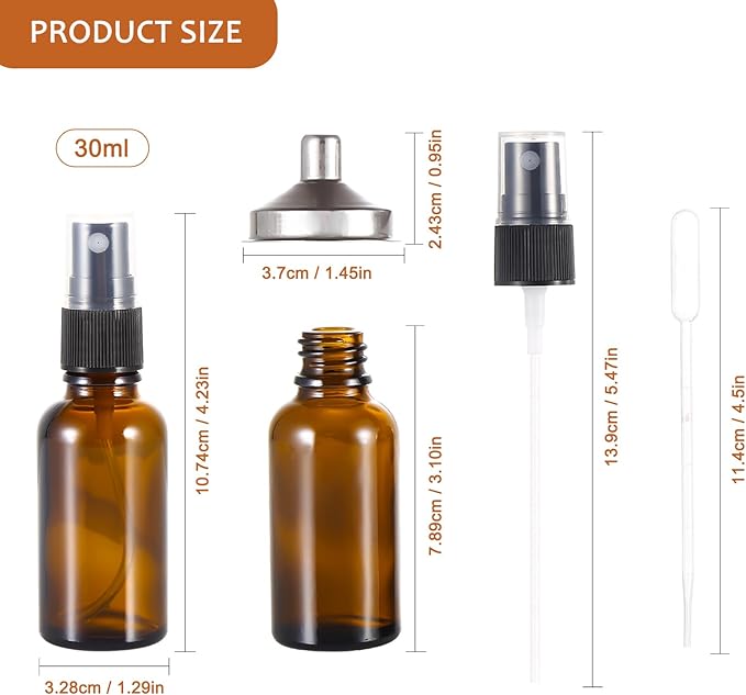 1 oz ml Amber Glass Spray Bottles,Small Empty Fine Mist Refillable Travel Spray Bottle for Cleaning,Perfume,Aromatherapy,Cosmetic Sprays,Hair,Essential Oils with Fine Mist Dispenser（6 Pack）