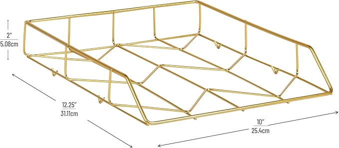 Mind Reader Gold Geometric Paper Tray, Modern Organizer for Documents, Folders, and Office Supplies, Durable and Stylish, Metal, 10" L x 12.25" W x 2" H, Gold