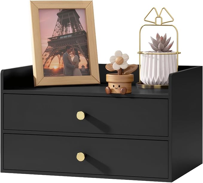 Bamboo Desk Organizer with Drawers Wooden Desktop Storage Organization Box for Bills Office Supplies Kitchen Utensils Organizing Tool for Home Classroom Vanity, No Assembly Required (2 Drawers, Black)