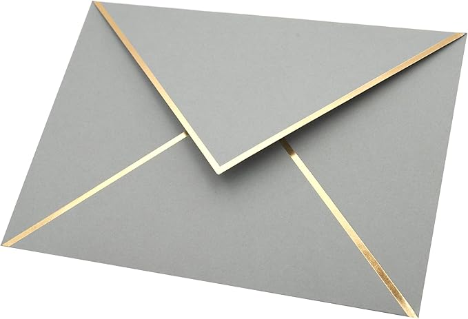 A7 Envelopes - V Flap Foil Border Luxury Mailing Envelopes for 5" x 7" Cards - for Wedding, Invitations, Baby Shower, Photos, Graduation, Birthday, Bridal Shower - 5.25" x 7.25" (Grey, 50 Pack)