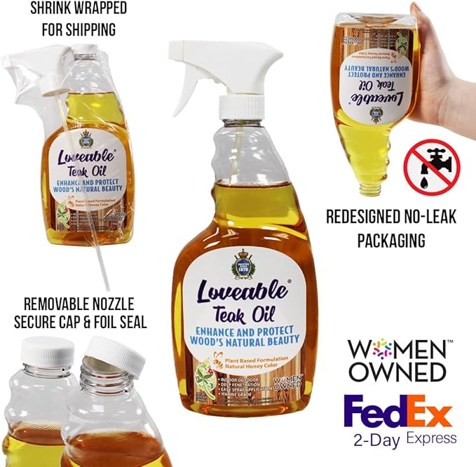 EcoDecors Loveable 24 oz Spray Bottle Teak Oil and Loveable Protection 16 oz Teak Sealer For Outdoor Furniture