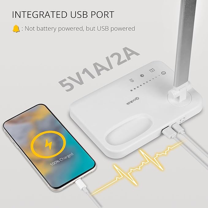 Qooltek LED Desk Lamp for Home Office, Touch Control Table Lamp with 5 Color Modes and Adjustable Brightness,Dual Swing Arm USB Charging Port Foldable Reading Light, Auto Timer, Silver White, 5W