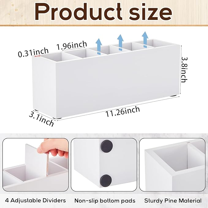 Jetec Wooden Pencil Holder 5 Compartments for Desk Adjustable Pen Holder Wood Office Desk Organizers and Accessories Makeup Brush Organizer for Pen, Home, Office and Art Supplies (White)