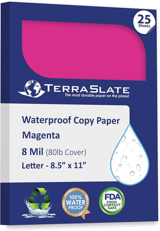 TerraSlate Waterproof Paper, Rip-Proof Colored Paper, Magenta Pink, 25 Sheets, 8 Mil (80lb Cover), 8.5" x 11", Laser Printer and Copy Machine Compatible