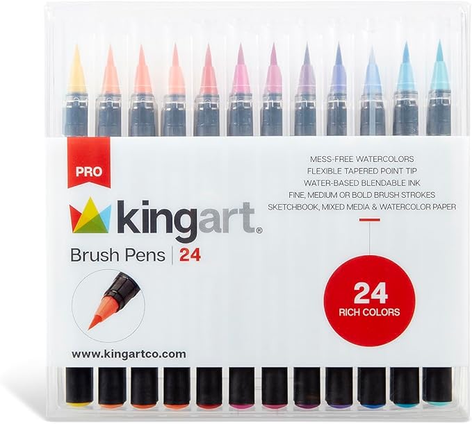 KINGART Pro Brush Pens, 24 Colors for Real Watercolor Painting with Flexible Nylon Brush Tips, Paint Markers for Coloring, Calligraphy and Drawing for Artists and Beginner Painters