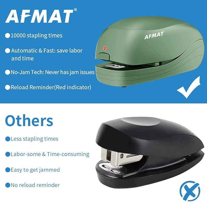 AFMAT ES06 Electric Stapler for Desk, Automatic Stapler Desktop, 25-Sheet Office Staplers Electric, AC or Battery Powered Staplers Heavy Duty Office Use, with Reload Reminder & Release Button