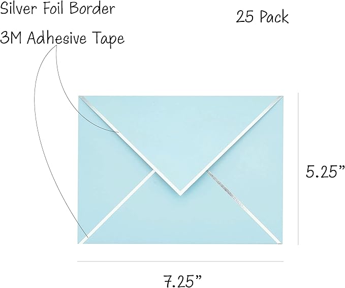 A7 Envelopes - V Flap Foil Border Luxury Mailing Envelopes for 5" x 7" Cards - for Wedding, Invitations, Baby Shower, Photos, Graduation, Birthday, Bridal Shower - 5.25" x 7.25" (Baby Blue, 50 Pack)