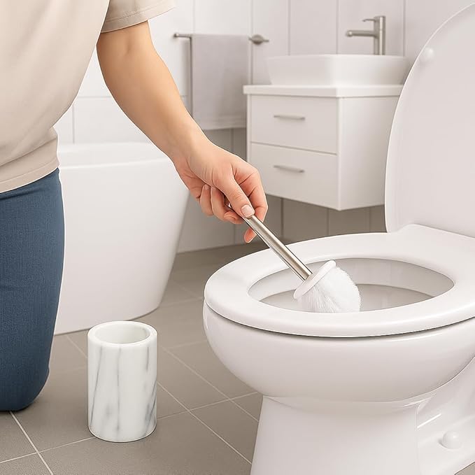 Creative Home Natural Marble Toilet Ball Brush and Holder Set with Silicone Cover Compact Storage Scrubbing Brush for Bathroom Cleaning, 4.3" Diam. x 14.5" H, Off-White