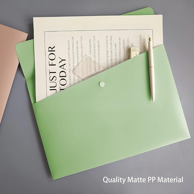 VANRA Poly File Folders Letter Size File Jackets Organizer Plastic Envelope A4 Flat Document Holder with Snap Button Closure (Pastel Green, Pack of 5)