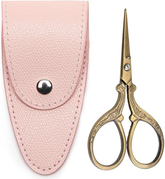 3.6 inch Sewing Embroidery Scissors, Straight Sharp Stainless Steel Sharp Scissors with leather sheath cover,DIY tools for Threading Needlework Dressmaker Artwork Everyday Use (Bronze)