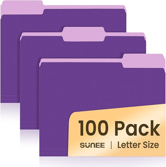SUNEE File Folders, 100 Pack Manilla Folders 8.5 x 11, Colored File Folders Home Office School Supplies for Documents Files Paper, Purple