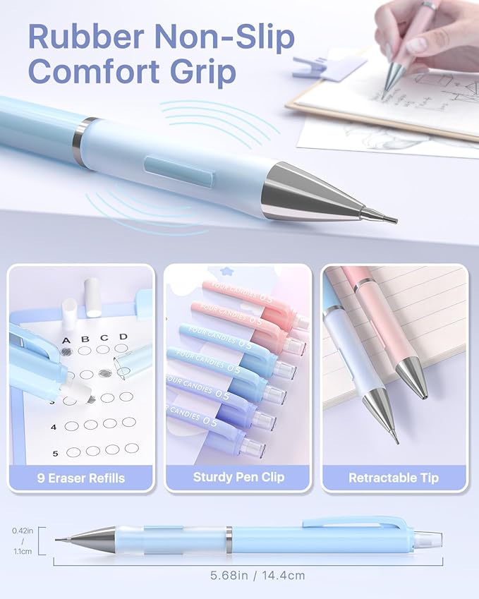 Four Candies 0.5 mm Mechanical Pencil Set - 6PCS Cute Pencils with 360PCS HB & 2B Lead Refills, 3PCS Pastel Erasers and 9PCS Eraser Refills, Aesthetic School Supplies for Writing Drawing Drafting