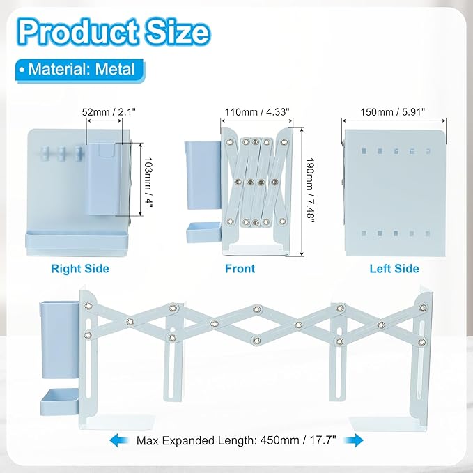 PATIKIL Adjustable Book Ends, 7.5" Tall Heavy Duty Metal Adjustable Bookends Book Holders Organizer with Removable Pen Holder Tray and 3 Hook-up for Heavy Books Desk Office Home, Blue