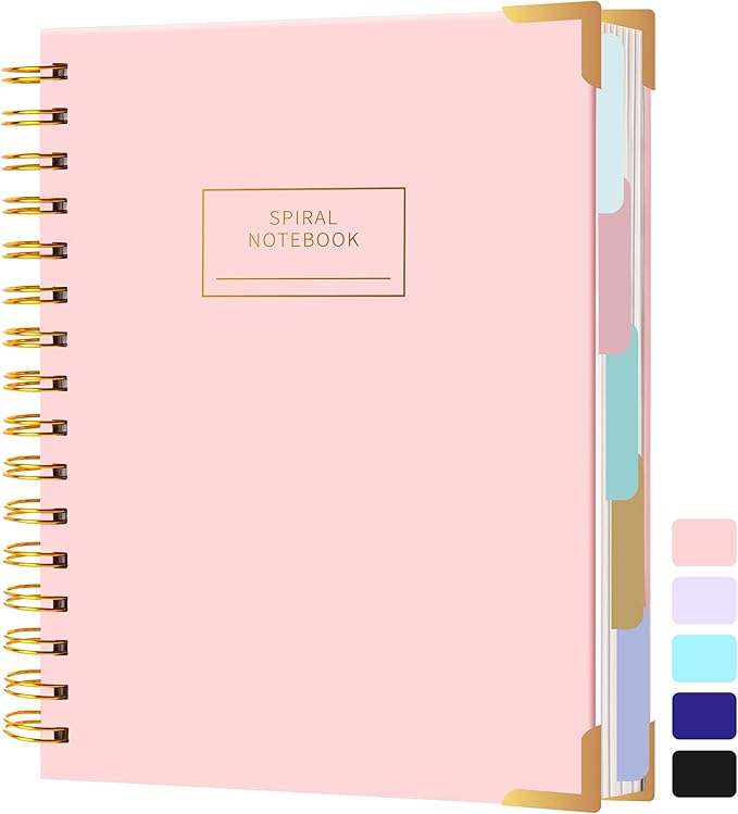 Yoment Hardcover Spiral Notebooks for Work School Note Taking, 6.1"x8.3" Journal Notebook with Tabs Dividers, Multi 5 Subject Notebook College Ruled, 200 Pages Lined Journal for Women, Pink