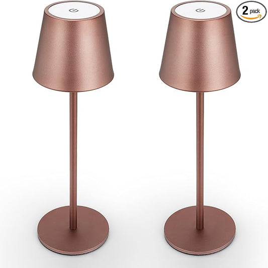 Maksone 2 Pack LED Cordless Table Lamp, 6600mWh Rechargeable Battery Desk Lamp, 3000K Stepless Dimming Night Light, IP54 Waterproof Metal Outdoor Portable Lamp for Camping, Restaurant(Brown)