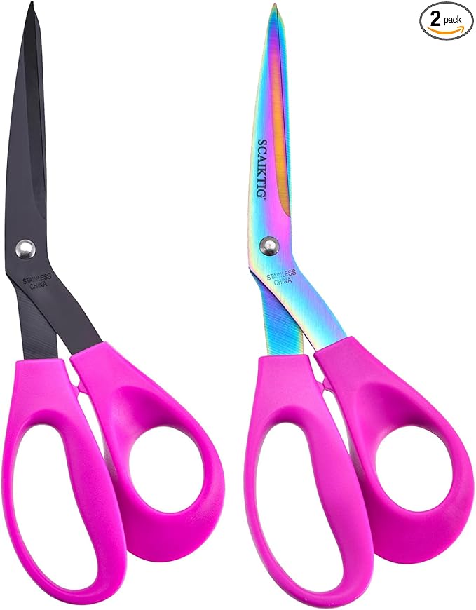 8.5‘’ Bent Fabric Scissors All Purpose Sharp Heavy Duty, Bent Shears for Sewing Crafting Cutting Clothes, Felt, Leather, Paper Supplies, Purple Handle and Titanium Coating Blades, 2-Pack
