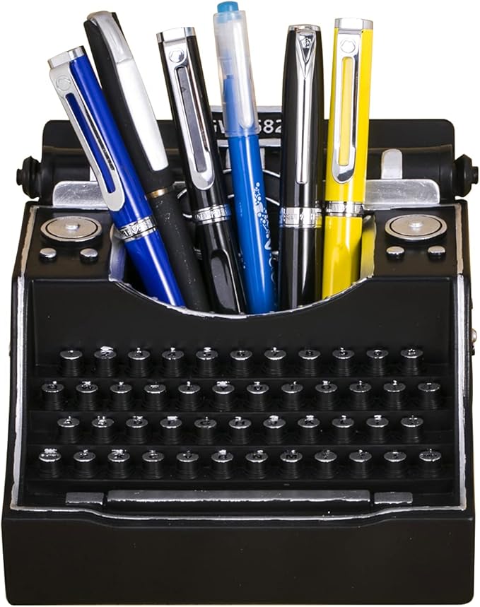 Retro Typewriter Pen Holder Vintage Desk Accssories Unique Cool Gifts for Writer Typewriter Lovers and Secretary Cute Funny Pencil Cups for Office Home School (Black)