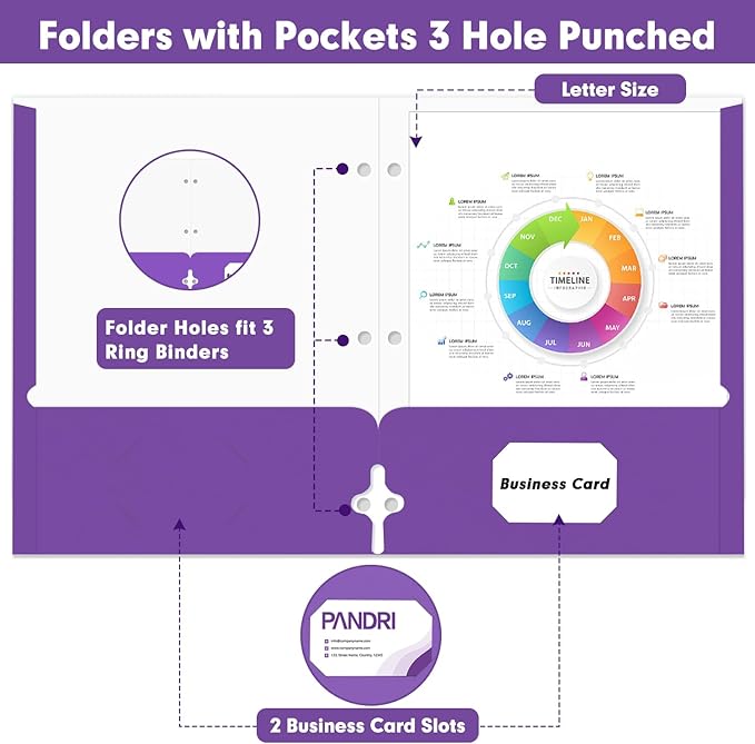 Two Pocket Portfolio Folders, PANDRI 60 Pack 3 Hole Punched 2 Pocket Folders for 3 Ring Binder, Letter Size Paper File Folder for School Office Home Business, Purple