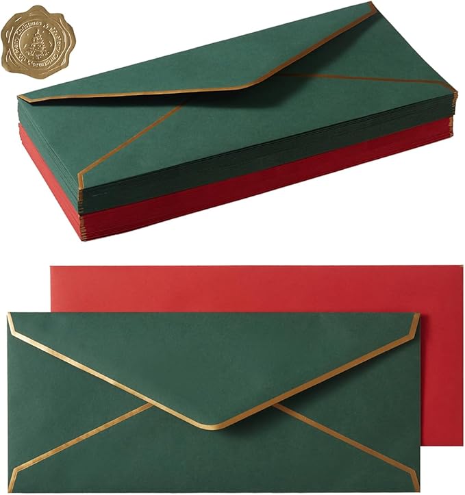 100 Pack Christmas #10 Business Envelopes with Gold Border, Self Seal Standard Envelopes with Gold Stickers for Office, Checks, Letter Mailing, Invoices, 4 1/8 x 9 1/2 Inches (Christmas Green Red)