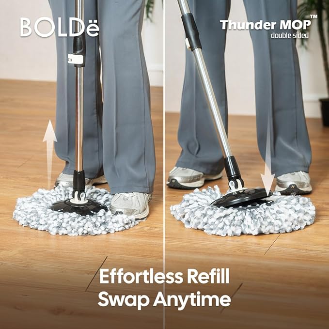 BOLDë Thunder Mop Spin System -Double-Sided- 2 Compact Stackable 6L Buckets, Microfiber Head, Stainless Steel Wringer, Antifungal Quick-Dry Cleaning, Soap Dispenser, 3 Free Refills (Lime/Forest Green)
