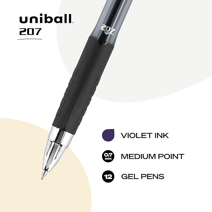 uniball Signo 207 Gel Pen, Retractable, Medium 0.7 Mm, Purple Ink, Smoke/black/purple Barrel, Dozen