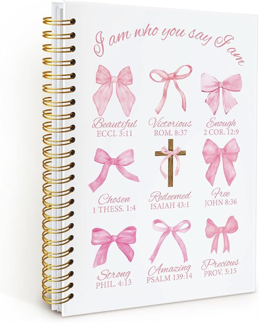 Bible Journal, Coquette Pink Bow Notebook Journals, Christian Gifts for Women, Coquette Office Supplies, Bible Notebooks for Note Taking，I am Beautiful Hardcover Spiral Notebook 5.5x8.3