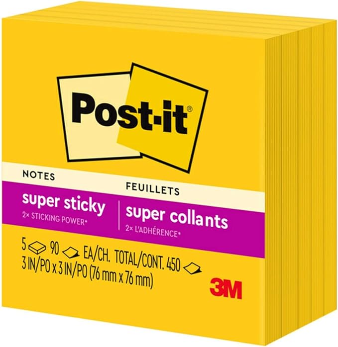 Post-it Super Sticky Notes, 5 Sticky Note Pads, 3 x 3 in., School Supplies, Office Products, Sticky Notes for Vertical Surfaces, Monitors, Walls and Windows, Sunnyside Yellow