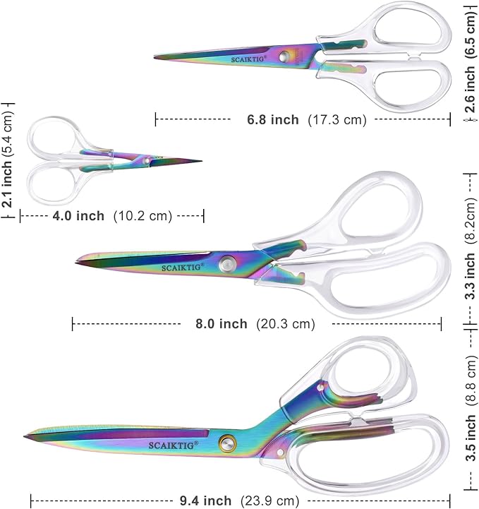 Acrylic Scissors, 4-Pack (9.4"/8"/6.8"/4"), Clear Comfort-Grip Handles, Titanium Coated Blades, Sharp, Heavy Duty, Ambidextrous, Transparent + Rainbow
