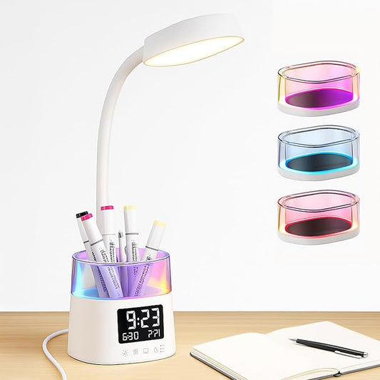 Led Desk Lamp with Pen Holder, Touch Lamps for Nightstand with 3 Color Modes, Eye-Caring Bedside Reading Light with Clock, Office Lamps Stepless Dimming, Lamp for Dorm Room, Suitable for Kid/Girl/Boy