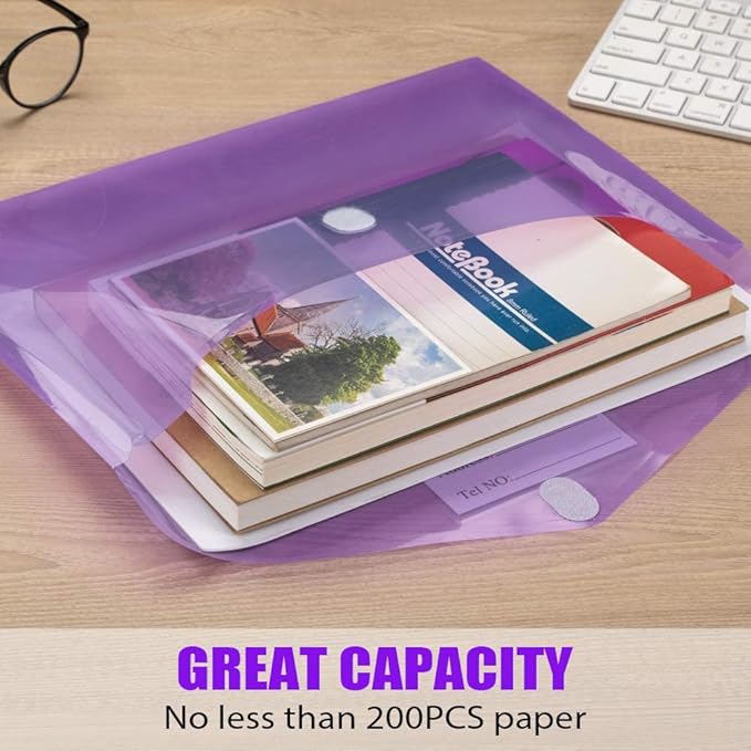 Sooez 24 Pack Plastic Envelopes Poly Envelopes, Clear Document Folders US Letter A4 Size File Envelopes with Label Pocket for Home Work Office Organization, Assorted Color