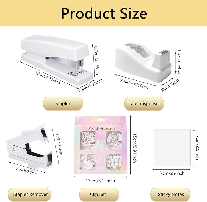 Office Supplies,Desk Accessories,Tape Holder,Stapler,Scissor,Staple Remover,Box of Binder Clips,Staples,Ballpoint Pen,Sticky Notes,Clear Tape,Ruler,Office Supplies Set White