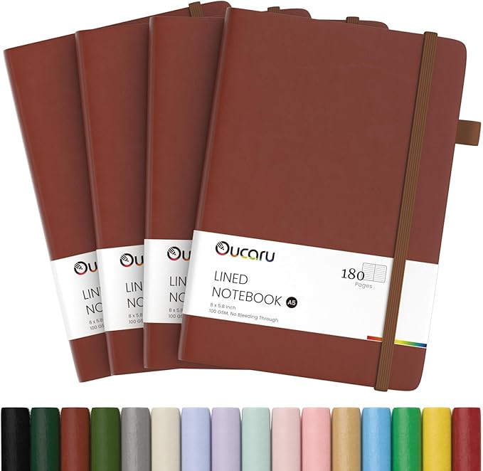 Oucaru Lined Journal Notebook, 4 Pack, 180 Pages, A5 Journals for Writing, 100 GSM Thick Paper, Small Notebooks Daily Journal for Women Men Work, Business, School, Travel Supplies