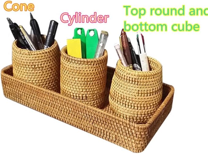 Handmade Vine Desk Organizer Pen Container Box Tea Caddy Makeup Brushes Holder Stand, Rattan Pencil Holder, Boho Table Décor Office Cups Organizer for Desk, Stationery, Flower Vase, Brown, (Cylinder)