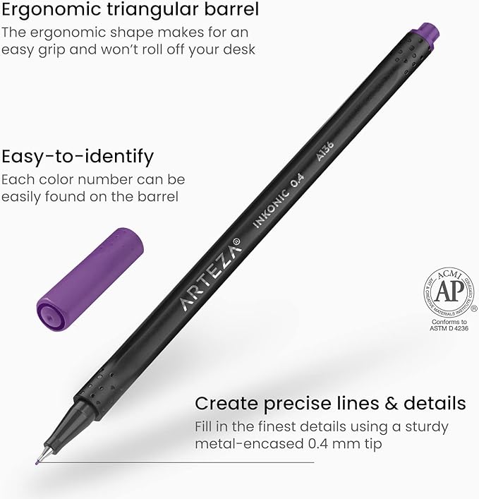 ARTEZA Inkonic Fineliners Pens, Set of 48, 0.4 mm Fine Tip Markers, Water-Based Art Pens for Drawing, Sketching, Journaling, Calligraphy