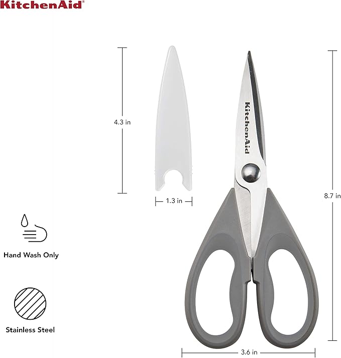 KitchenAid All Purpose Kitchen Shears with Protective Sheath Durable Stainless Steel Scissors, Dishwasher Safe, Soft Grip Comfort Handle, 8.72 Inch, Gray