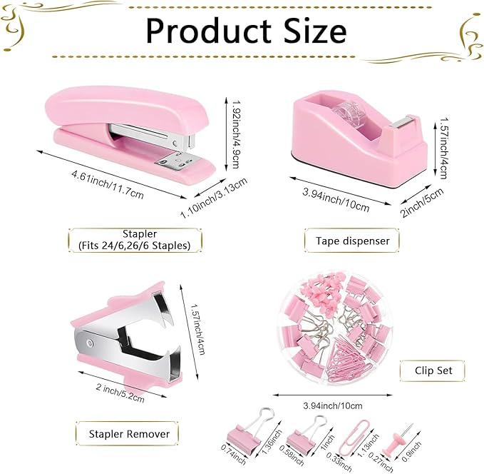 Office Supplies,Desk Accessories, Stapler and Tape Dispenser Set for Women with Stapler, Tape Dispenser, Staple Remover, Staples, Clips, Scissor and Tabs,Gift for Students, Coworkers