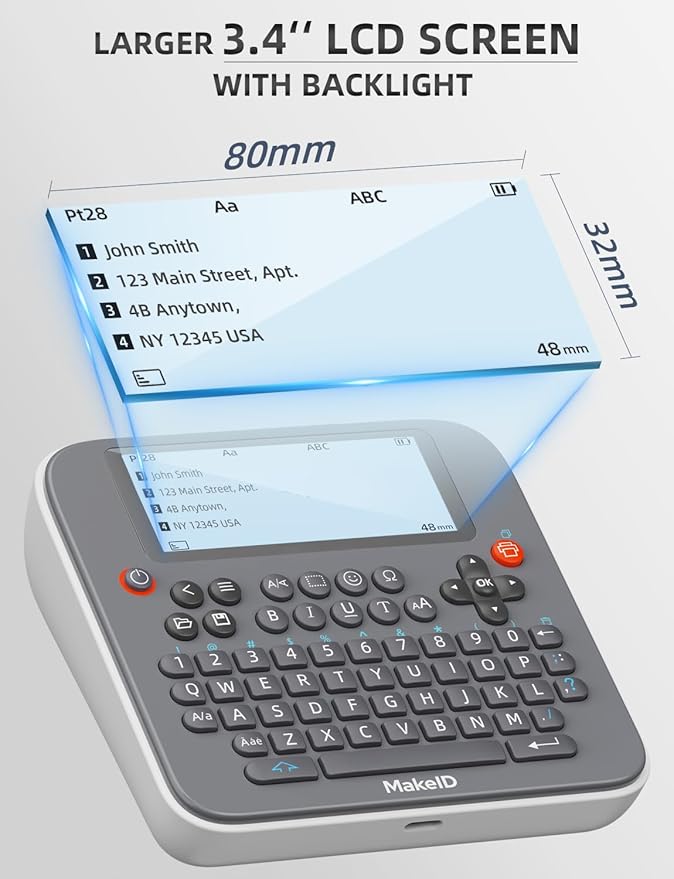 Makeid E1 Portable Label Maker - Bluetooth Compatible Thermal Printer - QWERTY Keyboard, 4.42" LCD Screen - Prints 9mm, 12mm, 16mm Clear Waterproof Sticker Labels - Includes USB Cable