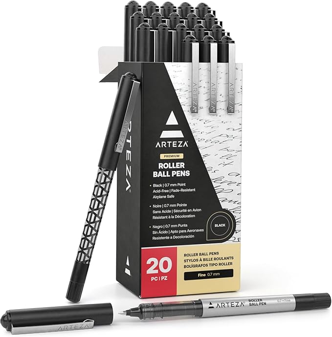 ARTEZA Rollerball Pens, Pack of 20, 0.7mm Black Liquid Ink Pens, Office Supplies for Bullet Journaling, Fine Point Rollerball for Writing, Taking Notes & Sketching