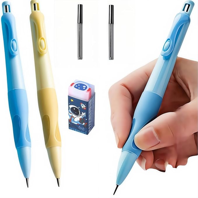 Handwriting thick mechanical pencils with grip: 2.0MM HB Pencil for kids with 14 leads (2 pack blue&yello)