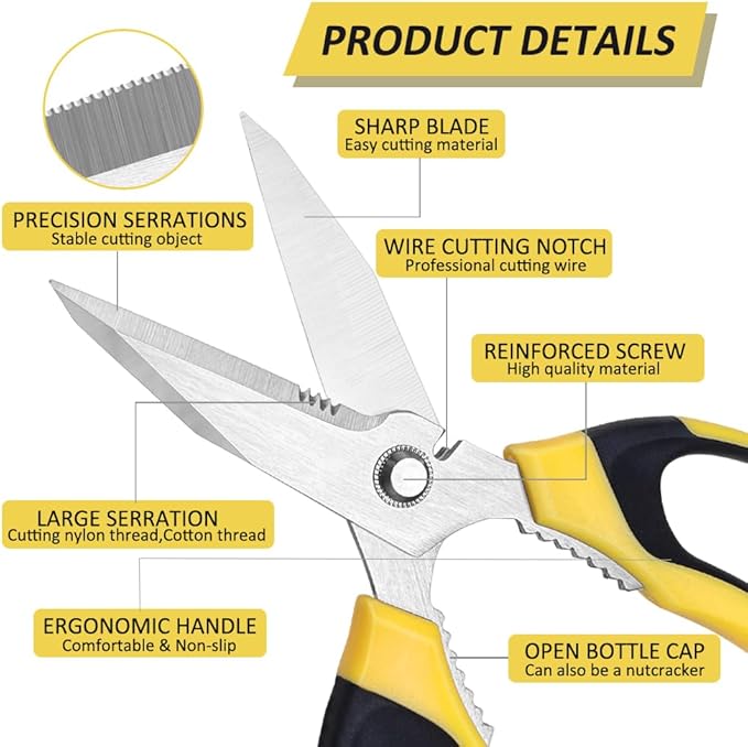 Heavy Duty Scissors, Sharp Scissors All Purpose Heavy Duty with Serrated Edge, Comfortable Non-Slip Handle, Easy Cutting Cardboard, Wires, Fabric, Leather, Iron Mesh (Yellow)