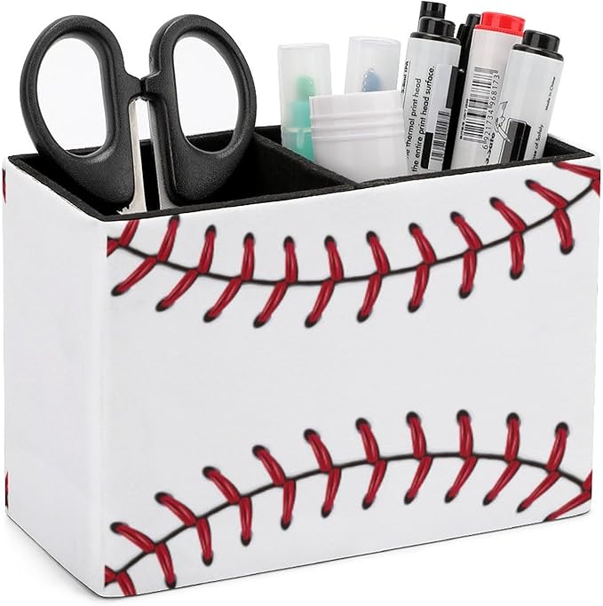 Pen Holder, Pencil Holder for Desk Organizer, Ball Baseball Stitches Sport PU Leather Pencil Cups Desktop Stationery Storage Makeup Brush Holder Pen Organizer for Office Home