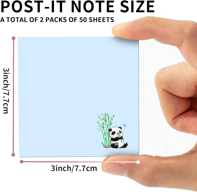 2 Pack Sticky Notes 3x3 Inches, Bright Cute Strong Sticking Power, Easy to Post for Home, Office, 80sheets/Pads, Cute Panda