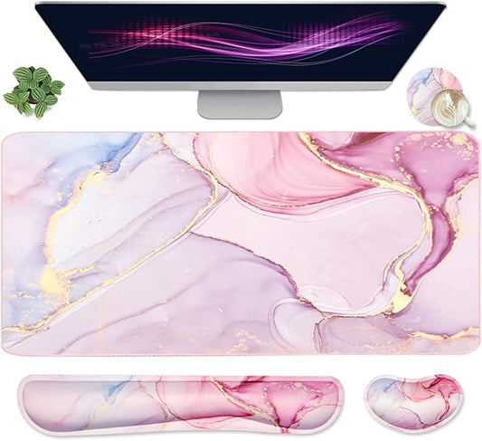 Large Mouse Pad and Keyboard Wrist Rest, Desk Pad for Keyboard and Mouse, 4-in-1 Large Gaming Mouse Pad with Wrist Support, Non-Slip Desk Mat for Home Office Study Game-Pink Marble