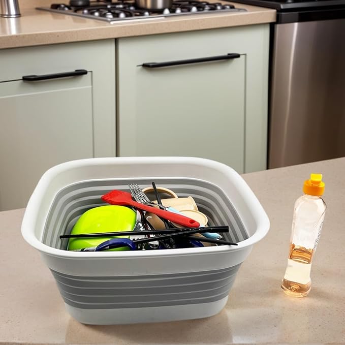 SAMMART 8L (2.1 Gallon) Collapsible Tub - Foldable Dish Tub - Portable Washing Basin - Space Saving Plastic Washtub (Grey)