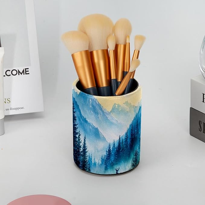 Watercolor Mountain Deer Circular Pen Holder, Pen Cup Makeup Brush Holder, Design for School, Home and Stationary Supplies (3.9 x 3.1 Inches)