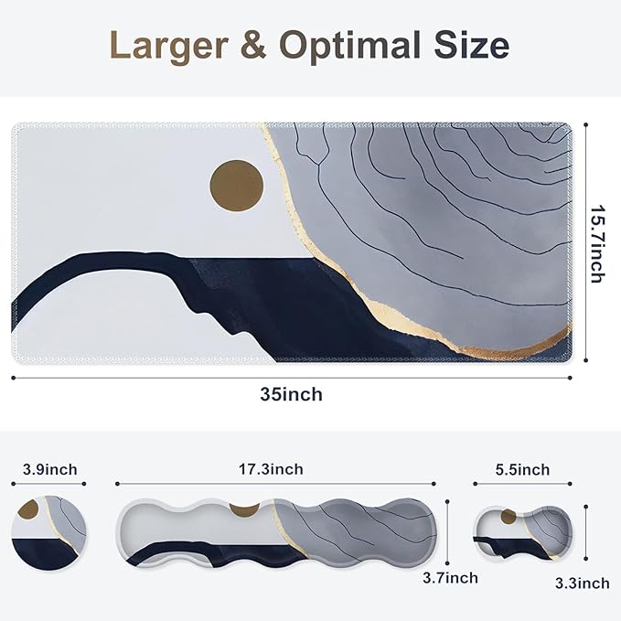 Gaming Mouse Pad Keyboard Wrist Support, 4 in1 Mousepad with Wrist Keyboard Rest, Computer Desk Mat, Non-Slip Desk Pad with Memory Foam Easy Typing Pain Relief I Grey Abstract Moon Mountain