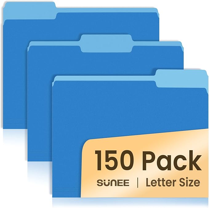 SUNEE File Folders, 150 Pack Manilla Folders 8.5 x 11, Colored File Folders Home Office School Supplies for Documents Files Paper,Blue