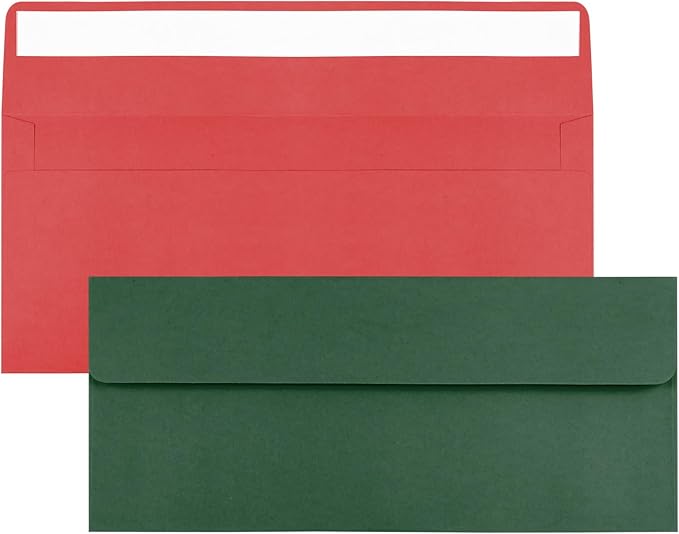 100 Pack Christmas Red and Dark Green #10 Business Envelopes, Standard Envelopes Self Seal, 4 1/8 x 9 1/2 Inch Letter Size Business Mailing Envelopes for Baby Shower Wedding Birthday