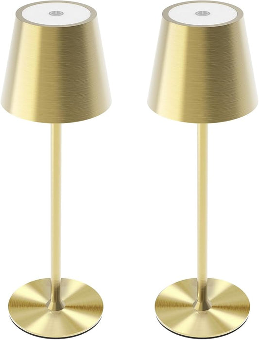 Maksone 2 Pack LED Cordless Table Lamp, 6600mWh Rechargeable Battery Desk Lamp, 3000K Stepless Dimming Night Light, IP54 Waterproof Metal Outdoor Portable Lamp for Camping, Restaurant (Gold)