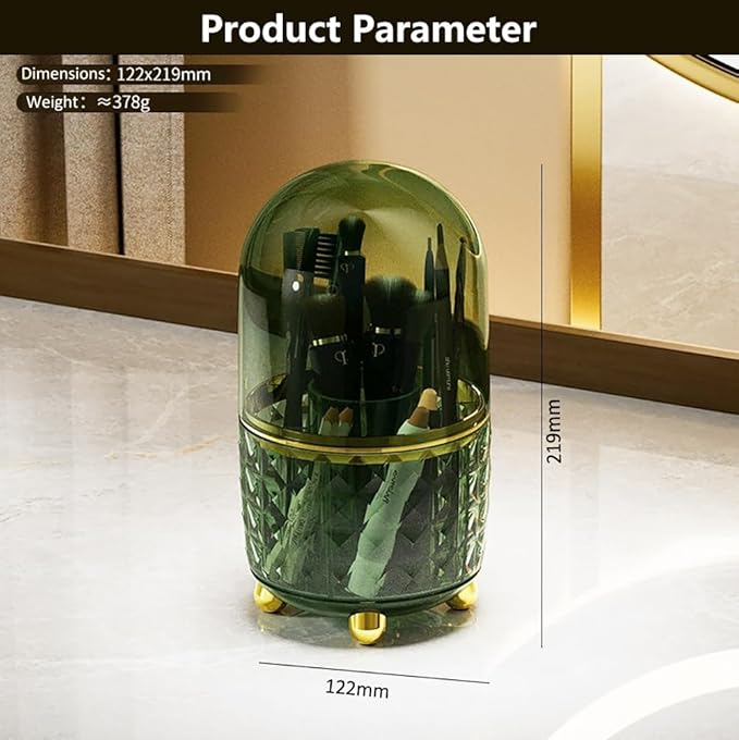 360° Rotating Pencil Holder for Desk, Makeup Brush Holder with 6 Slots, Desk Organizer for Writing Utensil, Office and School Supplies (Green with cover)